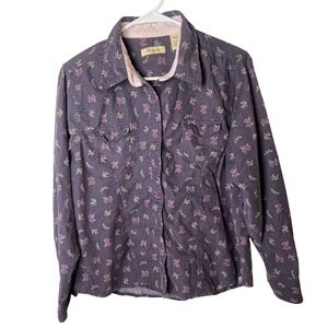 Classic Blues Purple Floral Corduroy Button Front Shirt‎ Womens Large L Cotton